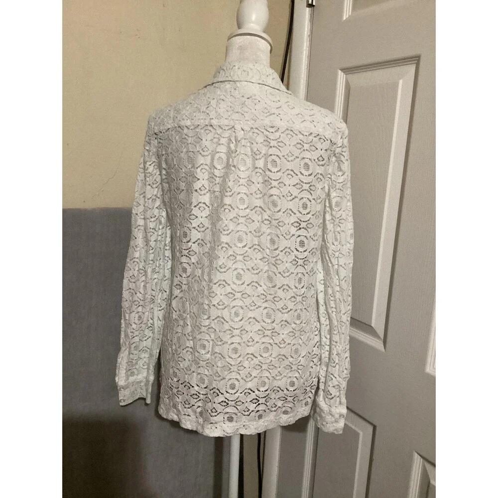 BCBGMAXAZRIA Lace Half Zip Shirt Womens Small White Sheer Collared Long Sleeve - Picture 4 of 7